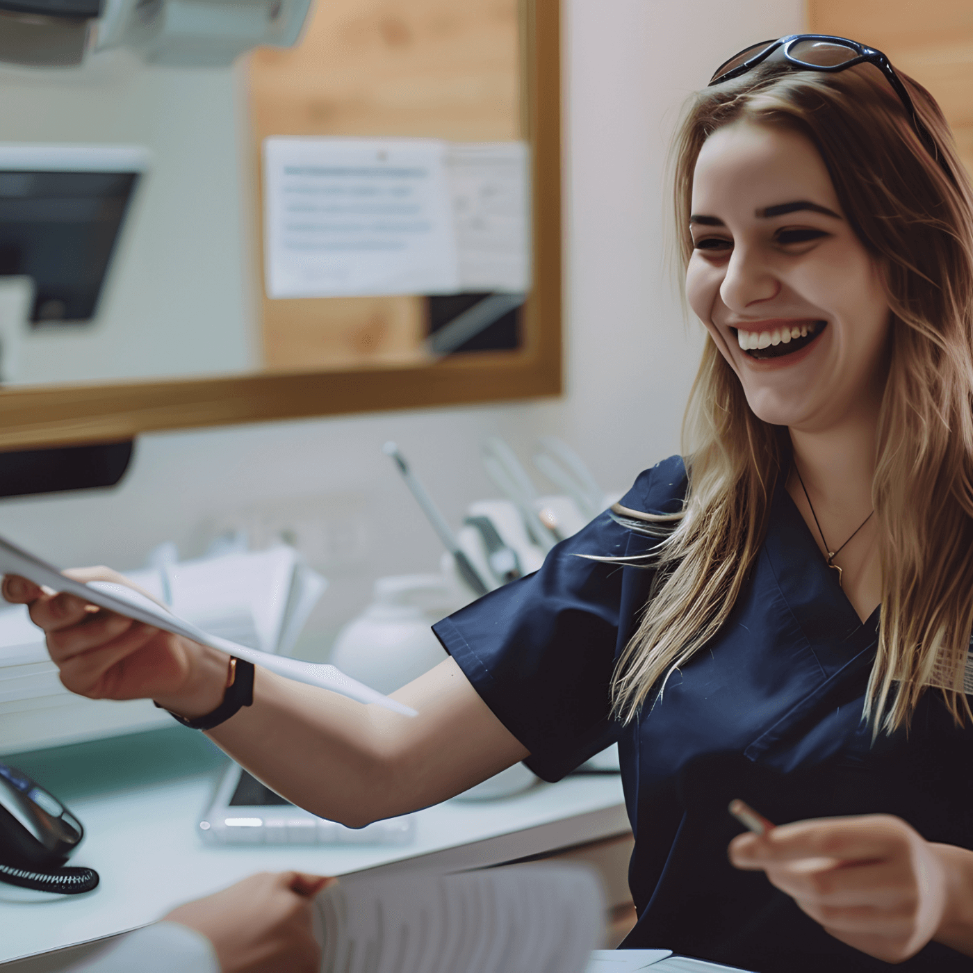 Two Carolina Complete Dental team members smiling and sitting behind the front desk