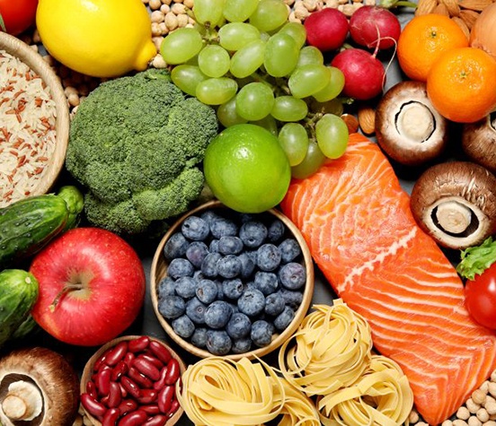 Variety of nutritious foods viewed from above